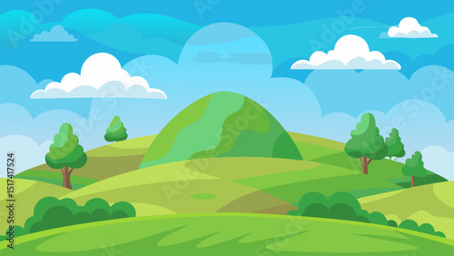 Serene Rolling Hills. A picturesque landscape of lush green meadows under a vibrant blue sky.
