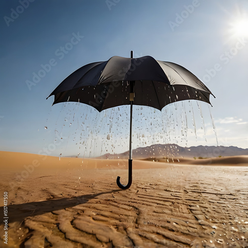 Rainfall of Hope: An open umbrella defying the arid desert environment, creating a dramatic contrast under the scorching sun. the refreshing vision of hope amidst adversity