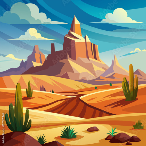 Majestic Desert Landscape. Arid Beauty of Sandstone Mountains and Cacti