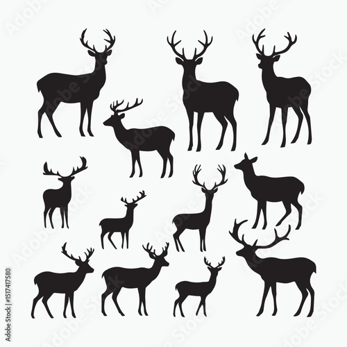 Deer silhouettes in various poses on a plain white background. Silhouettes of deer in various poses and sizes, set against a plain white background.