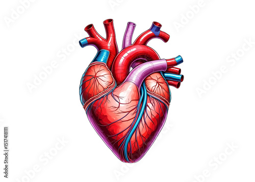 Anatomically correct human heart in medical scientific style, colorful high-resolution vector illustration, isolated against on PNG transparent and white background. For textbooks, medical infographic