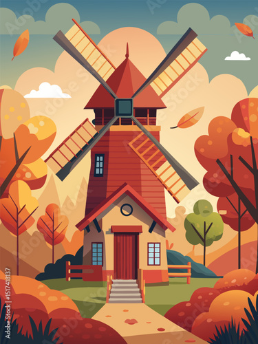 Autumn Windmill. A picturesque rural landscape