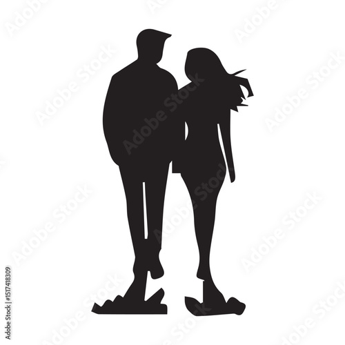 Couple walking hand-in-hand in business attire on city street. Silhouettes of a man and woman strolling together in a public space.