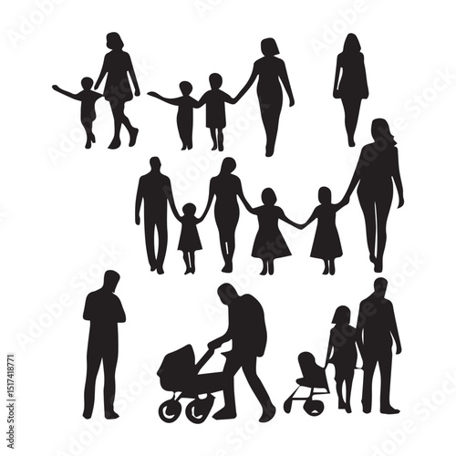 Silhouette of diverse families walking and pushing strollers in a park. Various family units, including children and parents, display different poses, highlighting everyday activities.