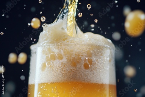 action shot of lager being poured into tilted glass, bubbles rising, frothy top