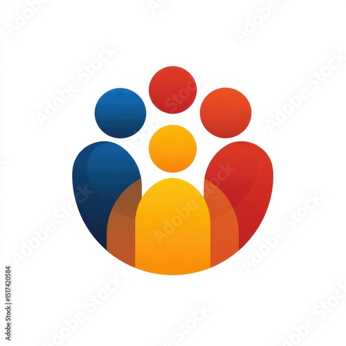 Circular logo, four stylized people, vibrant colors