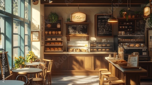 A charming bakery with a refined, aristocratic touch and soft morning light