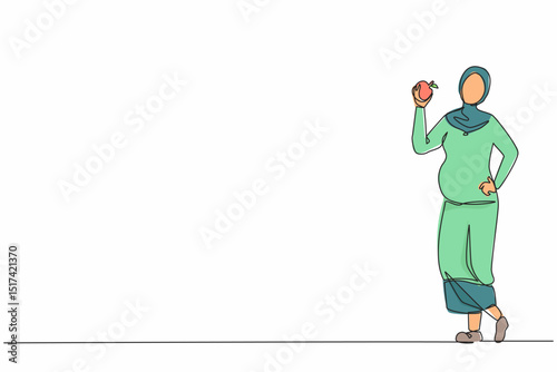 Single continuous line drawing happy beautiful Arabian pregnant woman holding apple. Pregnancy and motherhood concept eating healthy fresh fruit food. One line draw graphic design vector illustration