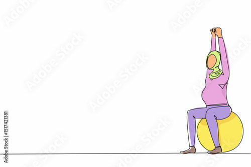 Single one line drawing yoga for Arab pregnant woman concept. Fitness sport during pregnancy. Healthy lifestyle and relaxation. Girl with fitness ball. Continuous line draw design vector illustration
