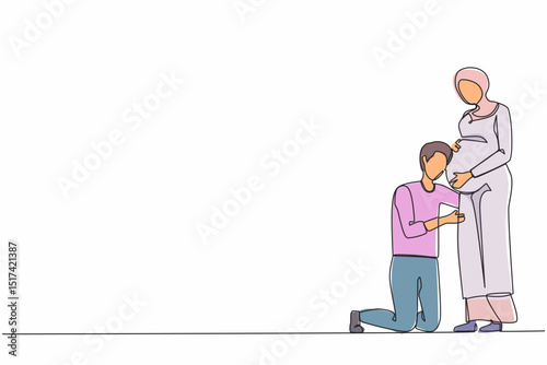 Single continuous line drawing man or husband kneel down and listening to his Arabic pregnant wife belly, expecting new born baby. Future parents character. One line graphic design vector illustration