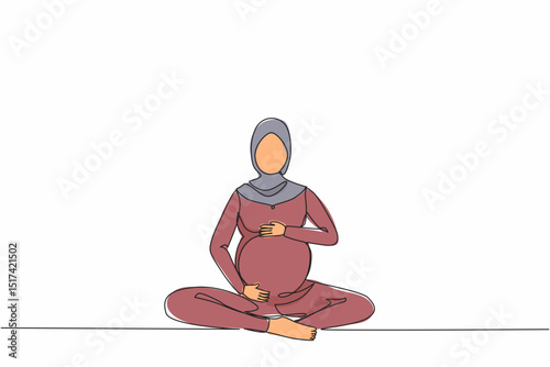 Continuous one line drawing happy Arab pregnant woman sitting with crossed legs at home and looking at her belly. Future mom expecting baby caressing her tummy. Single line draw design vector graphic