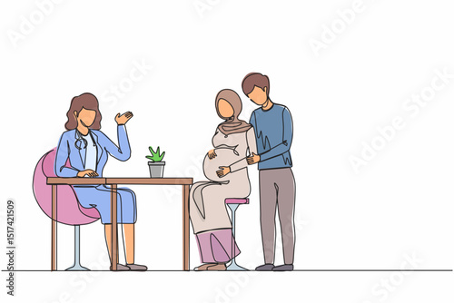 Single one line drawing Arabian Moslem family expecting child visiting doctor isolated. Physician consulting pregnant woman with husband. Modern continuous line draw design graphic vector illustration