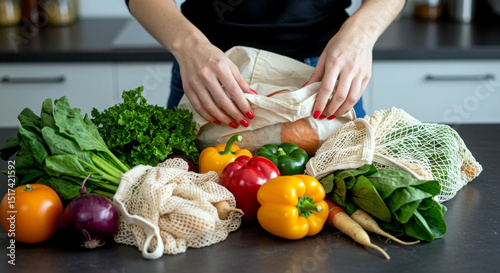Closeup of hands using reusable shopping bags to unpack fresh vegetables onto a kitchen counter, highlighting conscious consumer choices.