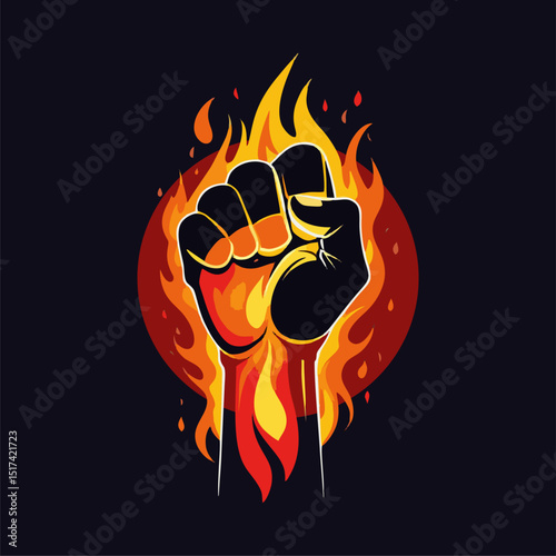 
Illustration of a clenched fist in front of a stylized fire design.
