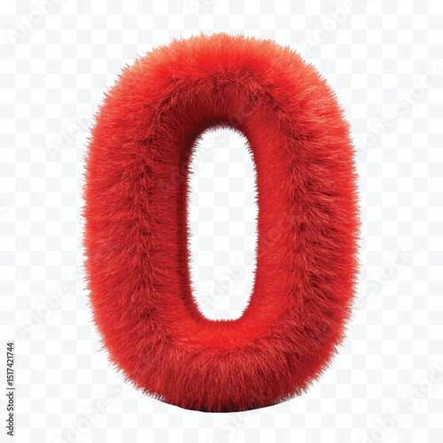 3d hairy fluffy font number o, furry alphabet,   dark pink number o isolated on transparent background