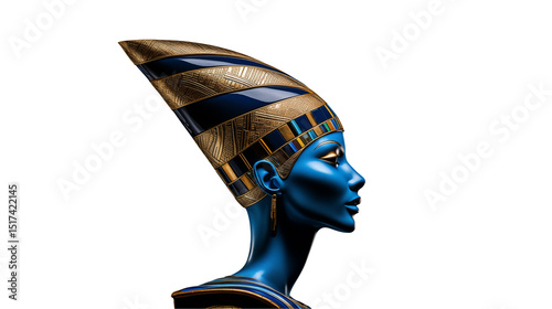 Profile view of a blue nefertiti bust with golden headdress a transparent background