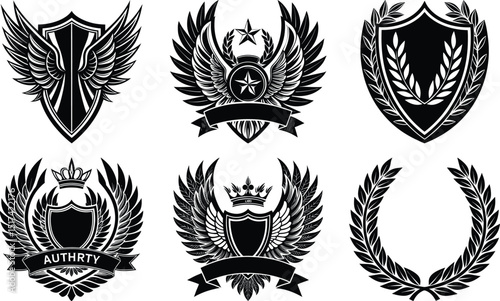 Laurel wreath, shield, wing, ribbon, and banners vector set. Laurel wreaths, shields, wings, ribbons illustration for awards, heraldry, logos, badges, and branding designs
