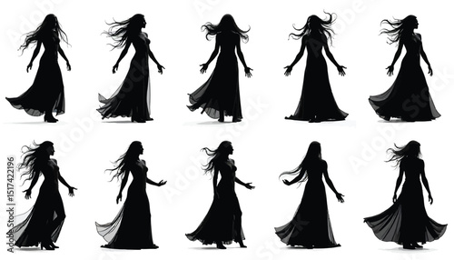 Elegant Woman Silhouettes in Flowing Gowns: Set of Ten Black Silhouette Vector Poses.