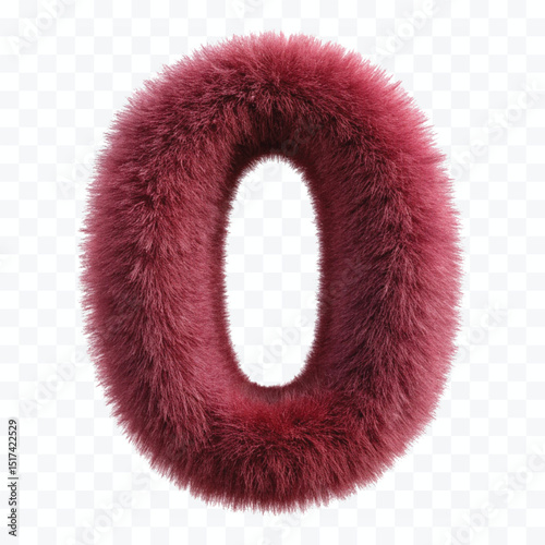 3d hairy fluffy font number o, furry alphabet,   dark pink number o isolated on transparent background