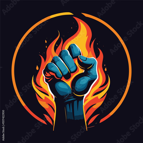 
Illustration of a clenched fist in front of a stylized fire design.