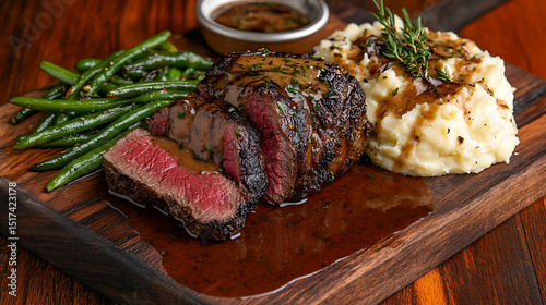 Medium-Rare Steak with Mashed Potatoes and Green Beans on a Wooden Platter