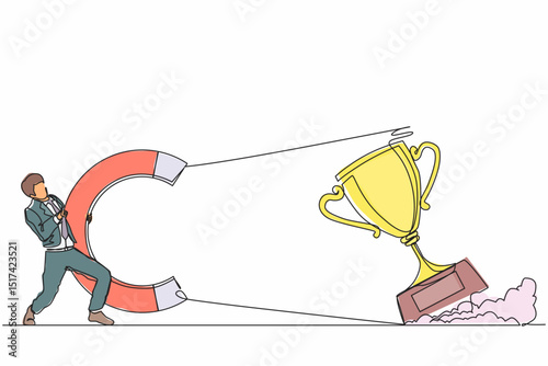 Single continuous line drawing businessman attracting big trophy with huge magnet. Victory sign. Success, achievement, business goals concept. Dynamic one line draw graphic design vector illustration