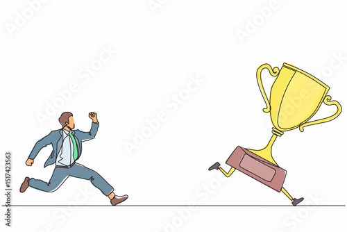 Single continuous line drawing businessman trying to catch trophy. Man running and chasing after run away winner cup. Business challenge metaphor. Dynamic one line graphic design vector illustration