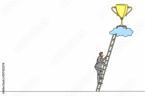 Single continuous line drawing businessman climb to trophy over clouds. Businessman climbing ladder to success. Motivation concept to be successful. One line draw graphic design vector illustration