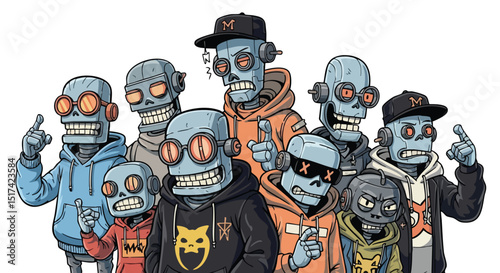 Cool Gang of Stylish Retro Robots Wearing Hoodies and Caps, Cartoon Illustration