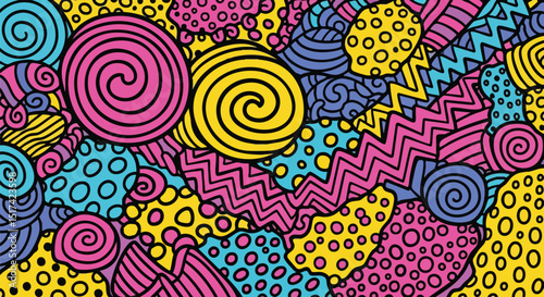 Vibrant Psychedelic Swirls, Abstract Doodle Pattern Background, Bold Colorful Texture, Happy Energetic Design