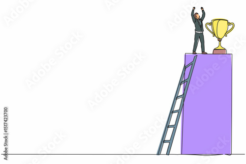 Continuous one line drawing businessman climb ladder to reach trophy and standing with arms lifted in the air. Man celebrating his business award. Single line draw design vector graphic illustration