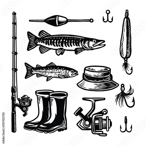 Fishing Gear Illustration, Vintage Fishing Set, Hand Drawn Fishing Tools, Black and White Fishing Clipart, Fishing Equipment Vector