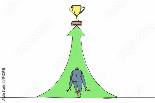 Single one line drawing back view businessman ready to run to trophy at end of route. Vision mission and goal of business. Young male run to their goal, motivation. Continuous line draw design vector