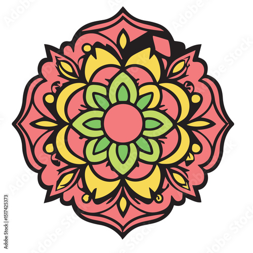 Colorful mandala design in coral, lime green, and yellow. Intricate floral patterns arranged in a symmetrical circular shape. Decorative design element with no specific setting -