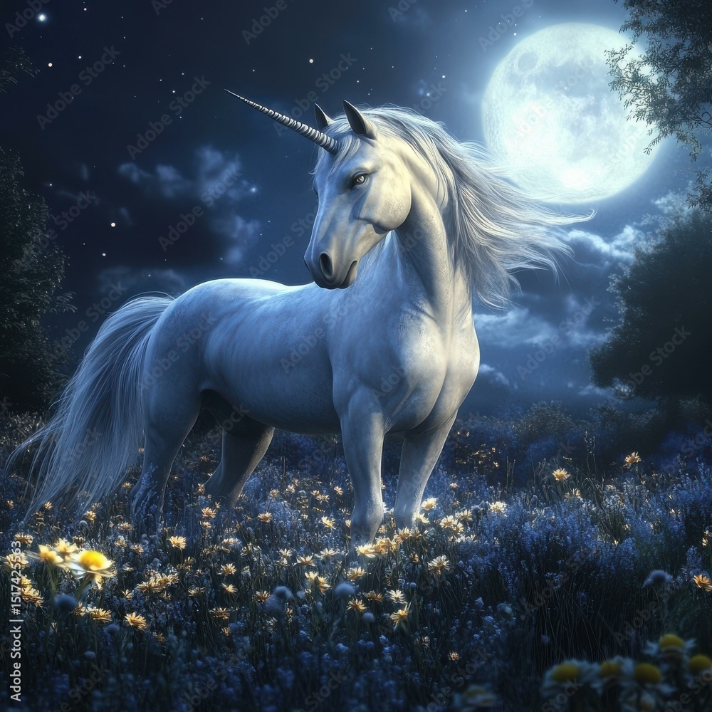 Naklejka premium Unicorn standing among flowers in a magical forest at night