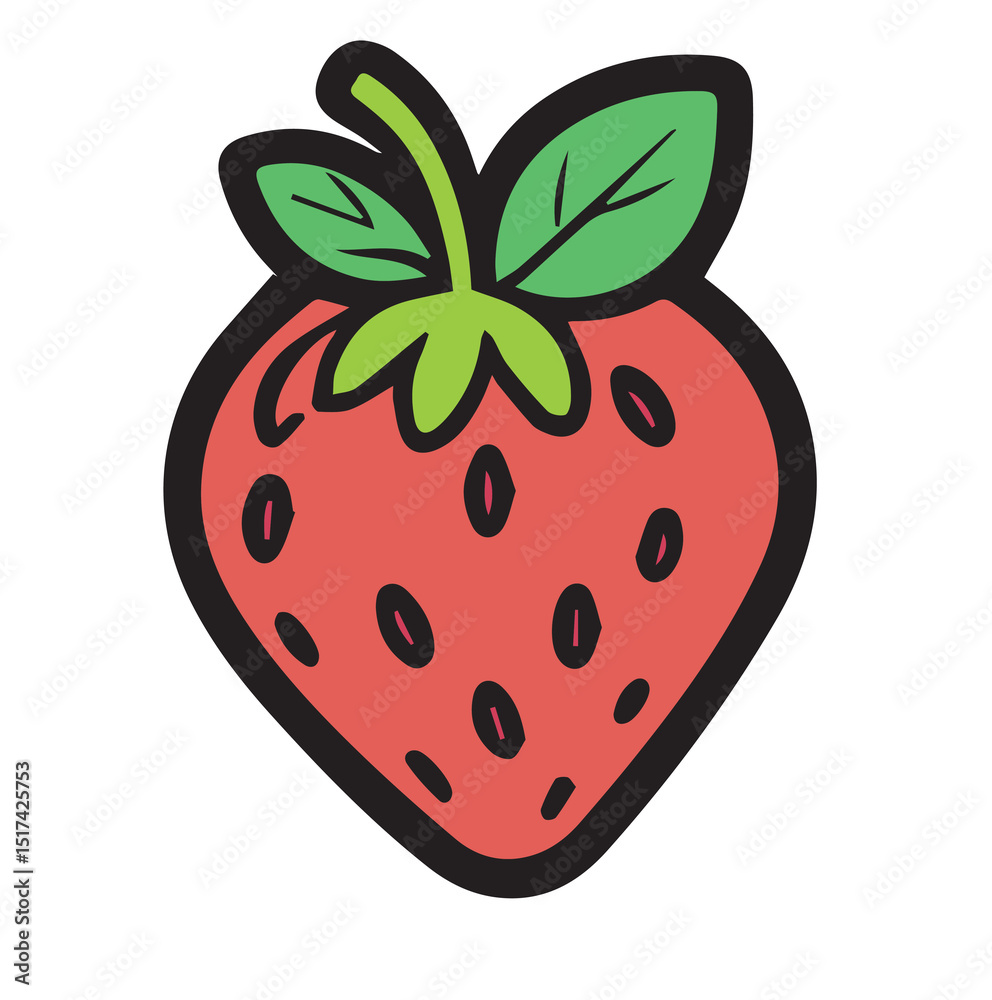 Obraz premium Cartoon strawberry illustration with simple, bold lines and bright colors. Single strawberry in isolated, plain white background.