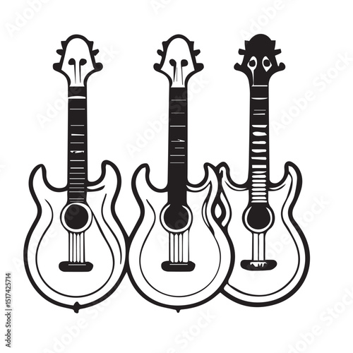 Three stylized acoustic guitar silhouettes in a graphic design. Simple, outlined musical instrument illustration in black and white for use in a music related project.