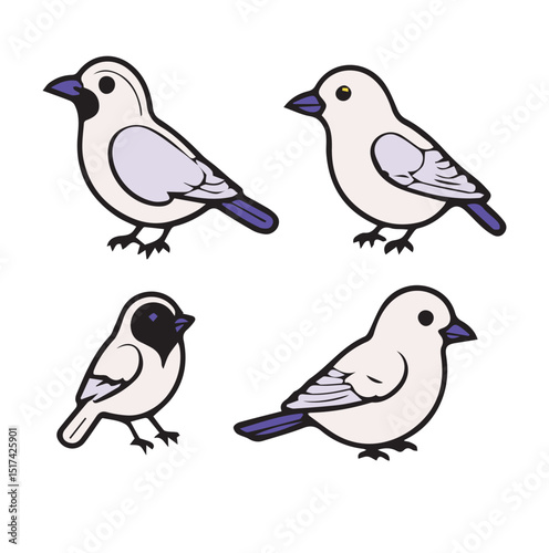 Four stylized depictions of birds in various poses against a plain white background. Cute, simple avian illustrations in a light gray/white color scheme with touches of dark purple/indigo.