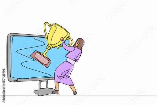 Single one line drawing businesswoman pulls out trophy cup from computer screen. Working on award winning project, freelance job, online work, winner. Continuous line draw design vector illustration