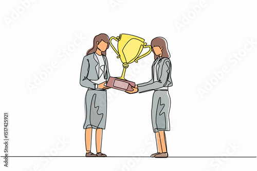 Single continuous line drawing businesswoman winner getting first prize. Girl giving golden cup to businesswoman. Winning, leadership, achievement concept. Dynamic one line draw graphic design vector