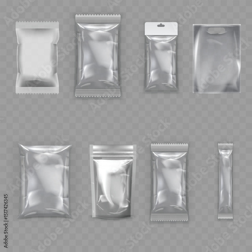 Transparent Blank Packaging Bag Mockup Set - Realistic Pouches. Vector
