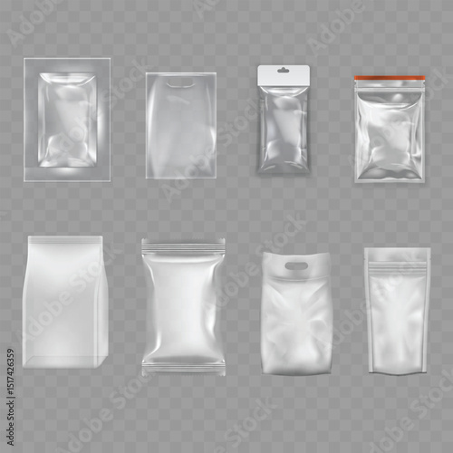 Transparent Blank Packaging Bag Mockup Set - Realistic Pouches. Vector