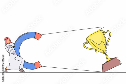 Single continuous line drawing Arabian businessman attracting big trophy with huge magnet. Victory sign. Success, achievement, business goals concept. One line draw graphic design vector illustration
