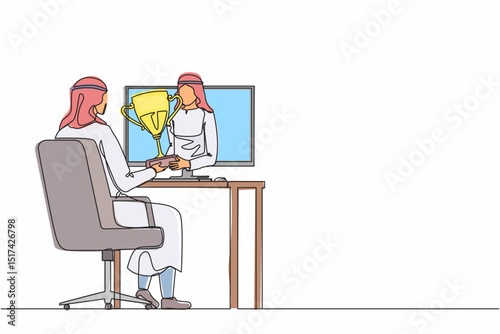 Single one line drawing young Arabian businessman holds out a golden cup from a monitor to a happy office worker. Award in the online contest. Continuous line draw design graphic vector illustration