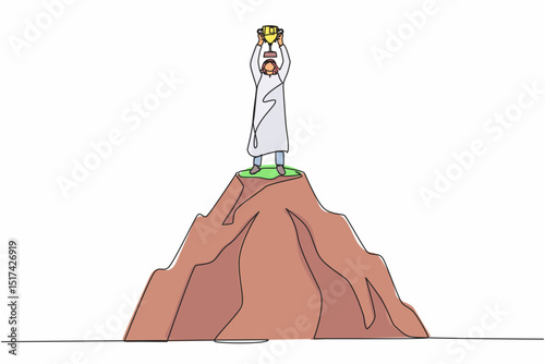 Continuous one line drawing Arabian businessman holding trophy on the top of the high mountain. Success, goal, achievement and challenge concept. Single line draw design vector graphic illustration