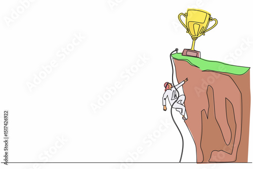 Single one line drawing climber hanging on rope and pulling himself on top of rocky mountain wall to reach trophy. Extreme Arabian businessman climbing on cliff. Continuous line design graphic vector