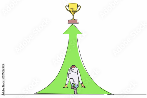 Continuous one line drawing back view Arabic businessman ready to run to trophy at end of route. Vision mission and goal of business. Male run to their goal, motivation. Single line draw design vector