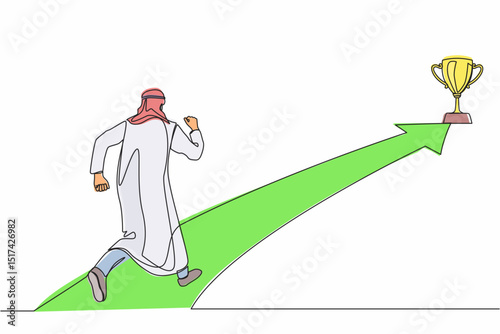Single continuous line drawing Arabian businessman running on forward arrow to get trophy. People ready to start career and business. Manager running towards goal. One line draw graphic design vector