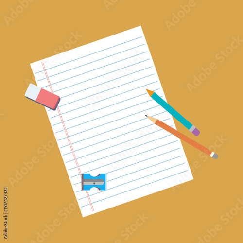 White Lined Paper with Orange and Teal Pencils, Pink Eraser and Blue Sharpener for Writing and School