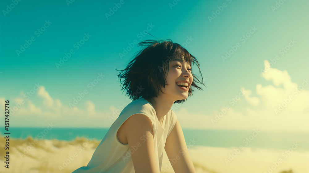 Obraz premium 海で笑う若い女性